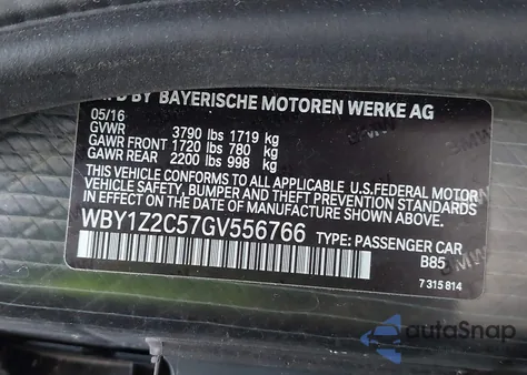 2016 BMW I3 z USA, uszkodzony, nr VIN WBY1Z2C57GV556766